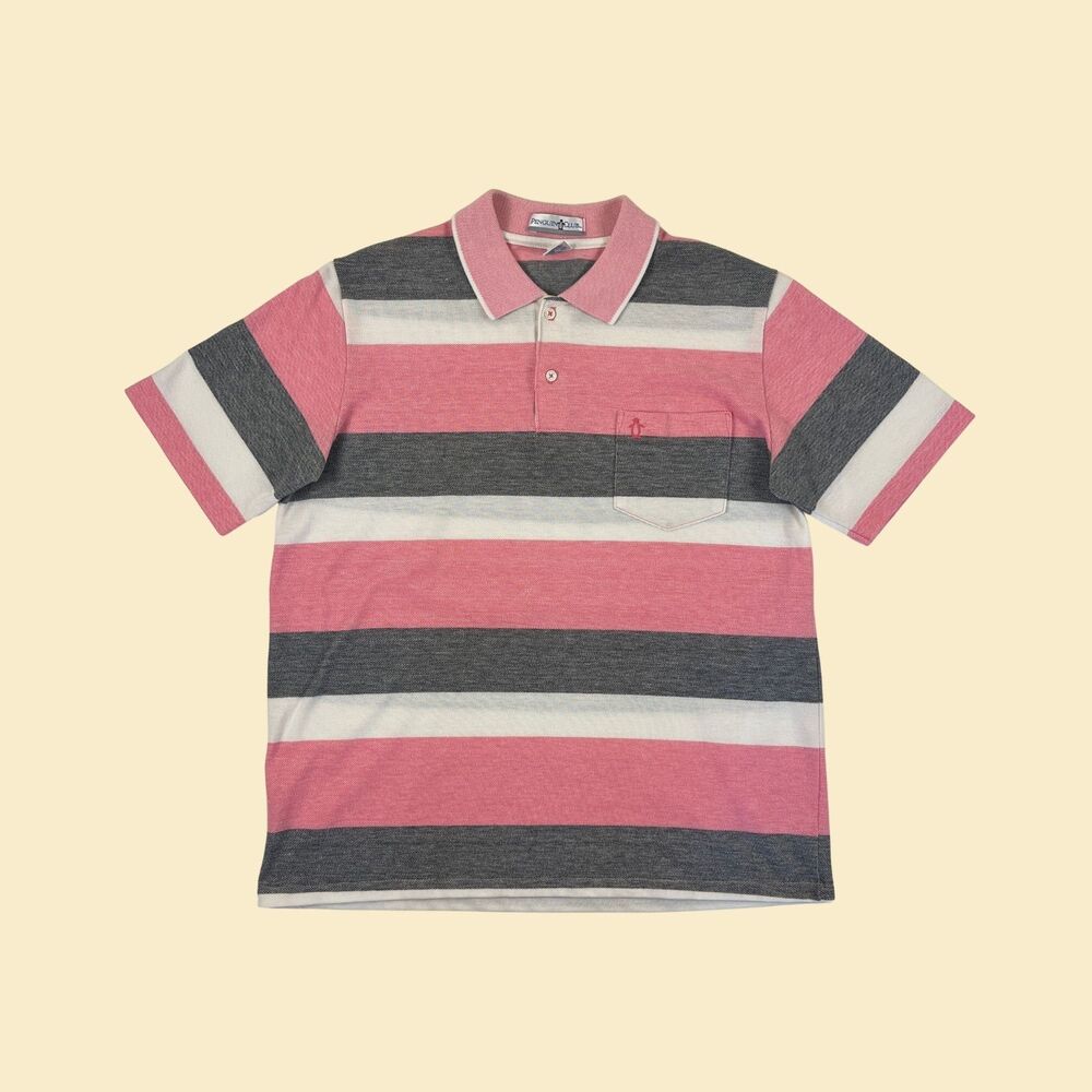 90s L pink polo shirt by Penguin Club, vintage pink & grey striped mens top